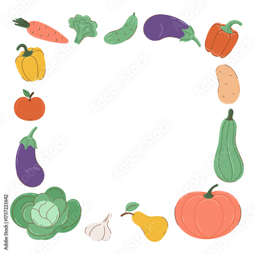 Square frame of colorful vegetables and fruits in flat style with partial outline. Autumn and harvest concept. Vector illustration.