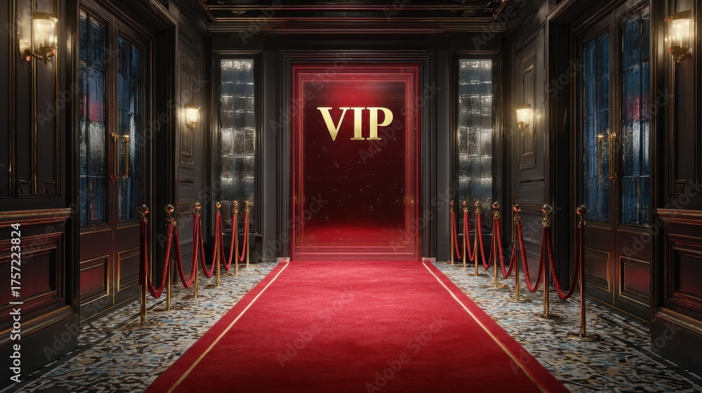 Fototapeta premium Exclusive Club VIP Entrance with Elegant Red Carpet and Glamorous Hollywood Vibe