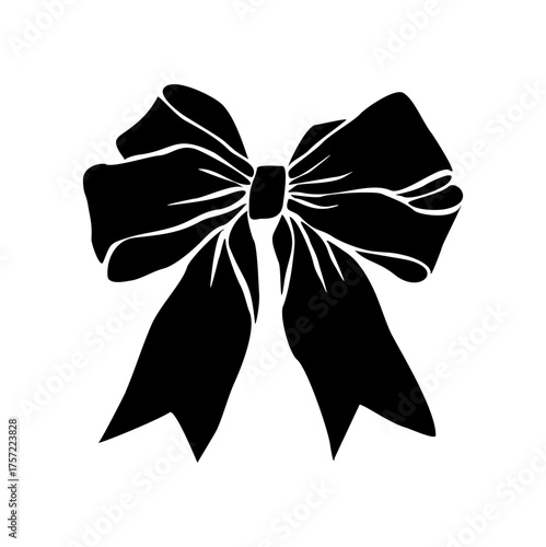 Black and white vector of a decorative bow tie with flowing ribbons, glossy folds, and sharp white outlines, minimalist high-contrast silhouette, classic symmetrical design