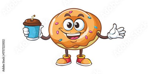 Retro donut mascot character holding a cup of coffee