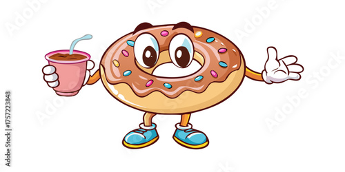 Retro donut mascot character holding a cup of coffee