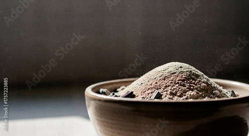 Close-up of cremation ashes in a brown ceramic bowl. Dust particles float in a beam of light against a dark background. Concept of death, mourning, and remembrance