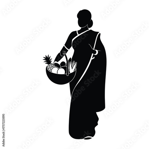 Silhouette illustration of a woman in a saree carrying a fruit basket vector graphic silhouette vector illustration white background