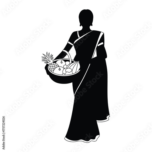 Silhouette vector illustration of a woman in a saree carrying a basket of fruit icon eps scalable silhouette vector illustration white background