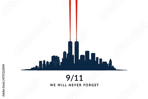 Silhouette of the new york city skyline with beams of light for 911 memorial