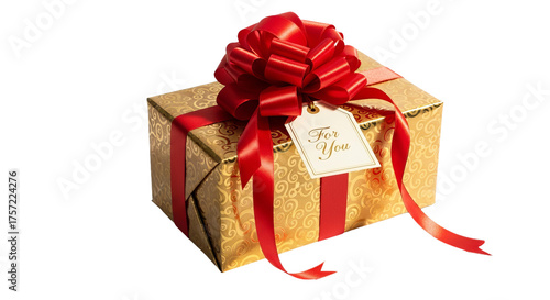 Gift is adorned with a red ribbon and a decorative bow, featuring a tag on a . - high quality Gift is adorned with a red ribbon and a decorative bow,