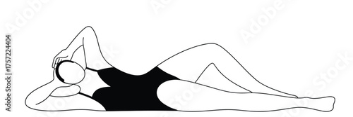 Minimalist black and white line drawing illustration of a woman in a swimsuit reclining elegant pose silhouette vector illustration white background