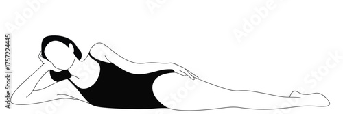 Minimalist black and white line drawing of a woman in a swimsuit lying down in a relaxed pose silhouette vector illustration white background