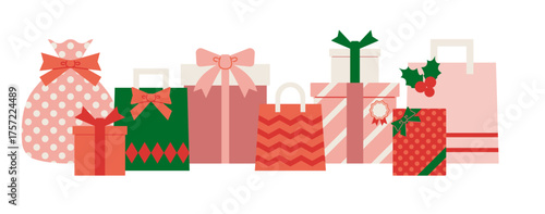 Illustration material of pink and green boxes and bags for Christmas gift wrapping