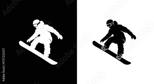 Dynamic black and white silhouette of a snowboarder in mid-air.