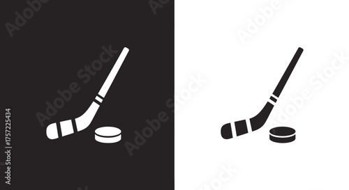 Minimalist Ice Hockey Stick and Puck Vector Icon in Simple Black and White Style