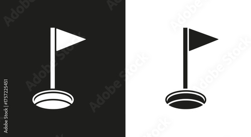 Minimalist Golf Flag Icon Vector Set with Hole and Pin Symbol in Black and White