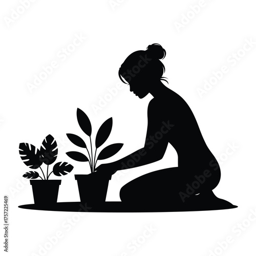 Silhouette illustration of woman kneeling planting potted plants garden decor vector eps scalable icon silhouette vector illustration white background