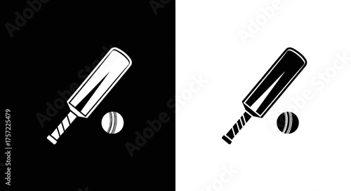 Minimalist Cricket Bat and Ball Sports Icon Vector in Black and White