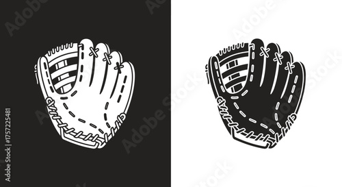 Classic leather baseball glove icon isolated on black and white backgrounds.