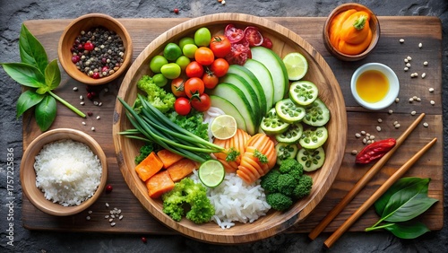 A vibrant wooden platter displays fresh vegetables, rice, and toppings prepared in a colorful and healthy