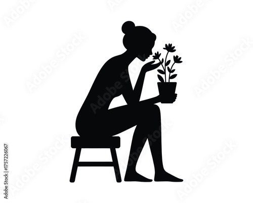 Elegant silhouette illustration of a woman admiring a potted plant vector graphic eps scalable design element silhouette vector illustration white background