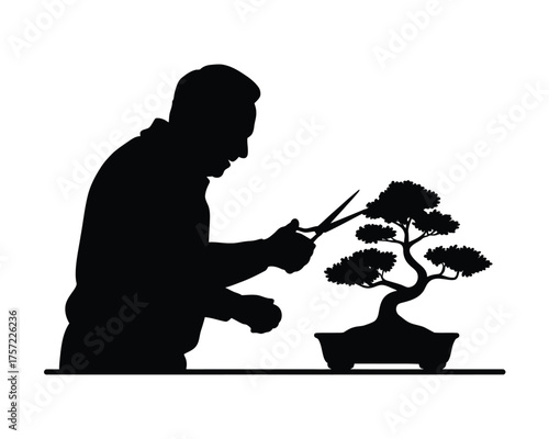 Silhouette illustration of a gardener pruning a bonsai tree with scissors vector art silhouette vector illustration white background