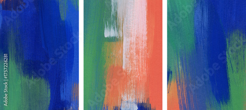 Three minimalist artist-made paintings. Contemporary art. Versatile artistic image for creative design projects: posters, banners, websites, brochures, covers, cards, prints and wallpapers.