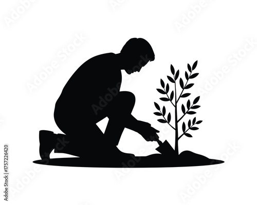 Silhouette vector illustration of a person planting a tree seedling for sustainable growth and environmental care silhouette vector illustration white background