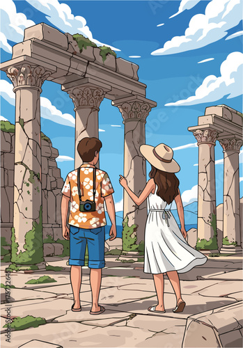 Tourists exploring ancient ruins with stone columns, historical travel, Greco-Roman architecture, archaeology, cultural heritage, sightseeing, discovery, exploration, history, adventure