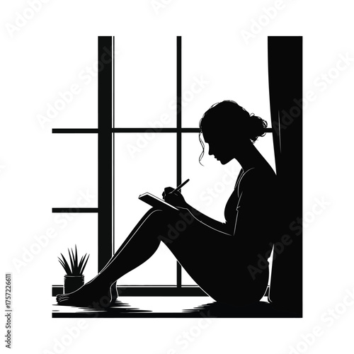 Silhouette illustration of a person writing by a window in a modern vector design silhouette vector illustration white background