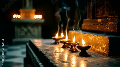 Peaceful scene of lit candles on a stone altar in a dimly lit temple