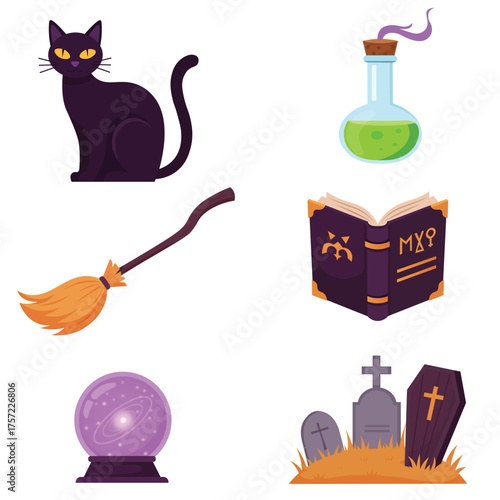 Flat Vector Halloween Magic Elements Set