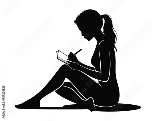 Silhouette illustration of a woman sitting and drawing or writing on a tablet vector graphic scalable eps icon silhouette vector illustration white background