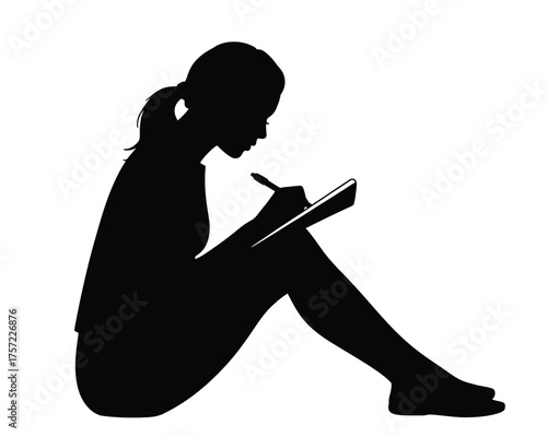 Silhouette vector illustration of a young woman writing in a notebook creative study art drawing silhouette vector illustration white background