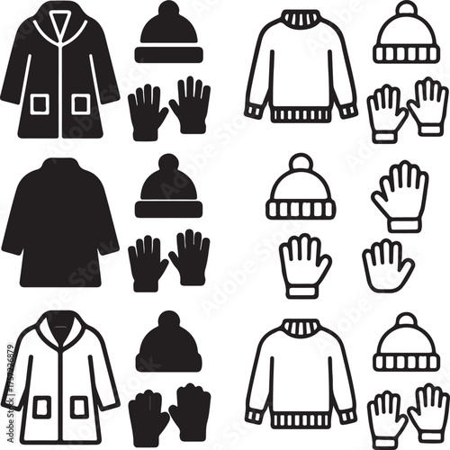 Isolated Black Winter Clothes, Coat Sweater, Hat Gloves, Cold Season Fashion, Minimal Vector, Modern Minimal, Black Line, Winter Outfit Icon, Cold Wear Symbol