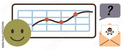 Line graph with plotted data showing trends, a happy face for positive feedback, an envelope with a skull for potential email threats, and a speech bubble. Ideal for analytics, risk management, user