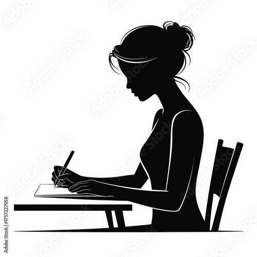 Young woman silhouette vector illustration of studying writing drawing and creating art scalable graphic eps silhouette vector illustration white background
