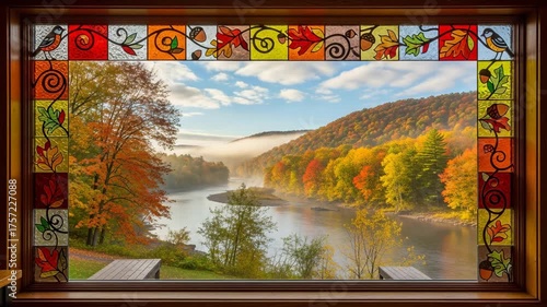 Vibrant Autumn River Landscape Framed by Artistic Stained Glass Border.