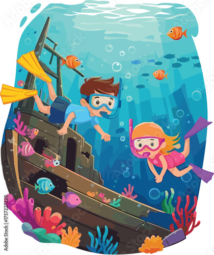 Underwater snorkeling adventure, colorful coral reef, marine life exploration, shipwreck diving, tropical ocean scene, scuba gear, fish, bubbles, sea discovery