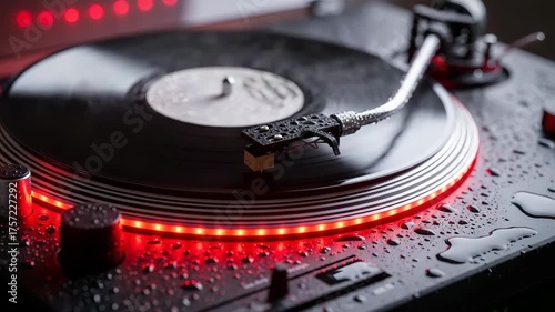 Turntable with Vinyl Record and Water Droplets.