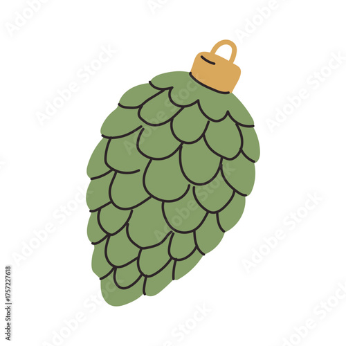 Decorative green pine cone ornament showing off its detailed scales and golden loop for hanging during festive season