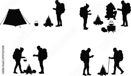 Camping silhouettes, outdoor adventure, campfire cooking, tent setup, kettle by fire, hiking gear, wilderness lifestyle, teamwork illustration, black vector, travel design