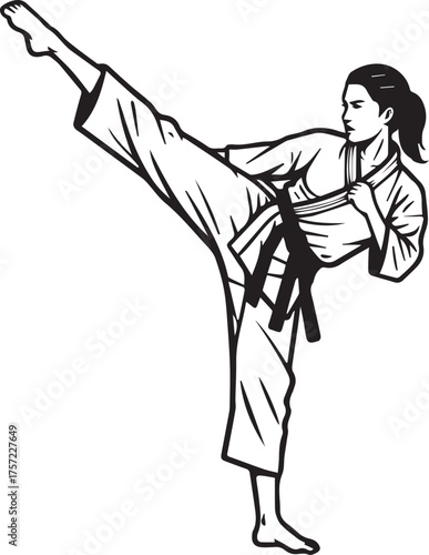 Female martial artist executing a dynamic side kick Keywords: martial arts, karate, woman, kick