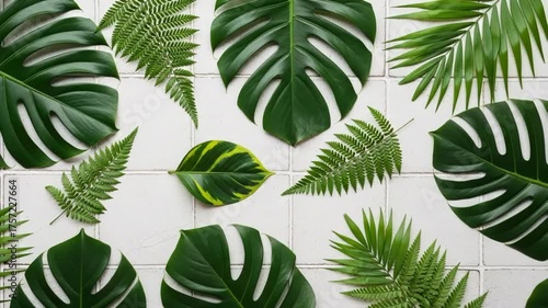 Vibrant Green Tropical Leaves Flat Lay on White Tiled Background.