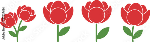 Four red tulips with green stems and leaves Keywords: tulips, flowers, red, green, stems, leaves