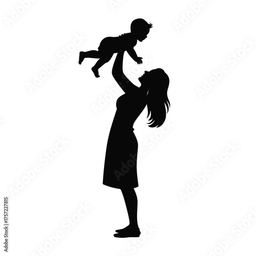 Mother holding baby up high vector silhouette illustration scalable eps icon for family and parenting themes silhouette vector illustration white background