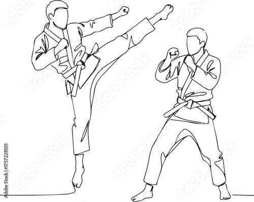 Two martial artists in combat with a high kick martial arts