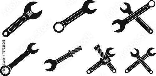 Wrench tool silhouette set, mechanical repair icons, gear wrench, adjustable spanner, crossed tools, bolt nut, construction, engineering, maintenance