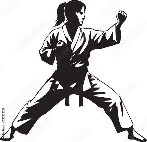 Woman in karate stance with fists raised Keywords: karate, martial arts, woman, stance, fighter