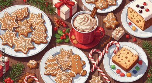Delicious Christmas treats with gingerbread cookies, festive fruitcake, and hot chocolate surrounded by gifts, candy canes, and pine decorations. 