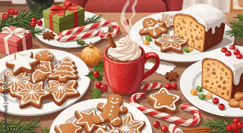 Delicious Christmas treats with gingerbread cookies, festive fruitcake, and hot chocolate surrounded by gifts, candy canes, and pine decorations. 