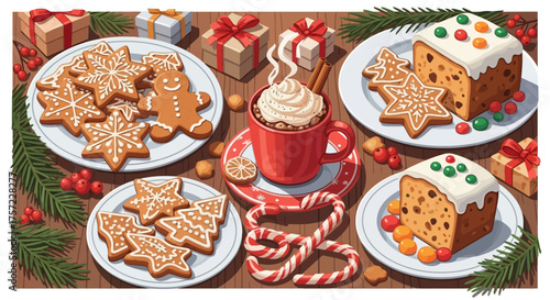 Delicious Christmas treats with gingerbread cookies, festive fruitcake, and hot chocolate surrounded by gifts, candy canes, and pine decorations. 