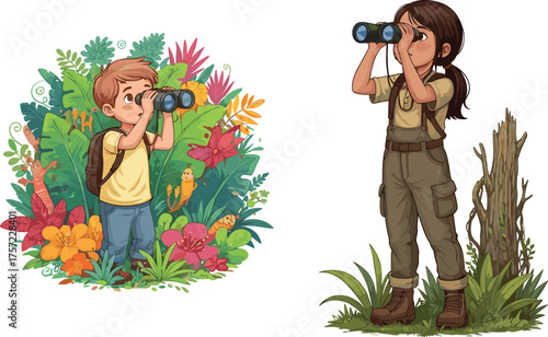 Young boy exploring jungle with binoculars, adult explorer in grassy field, nature adventure, wildlife observation, outdoor discovery, eco tourism, environmental exploration