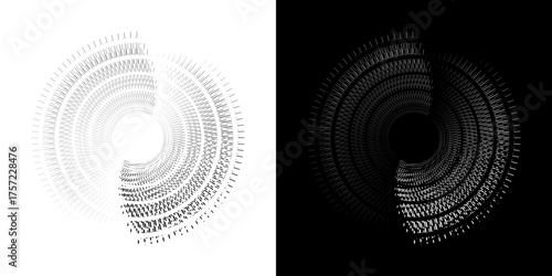 Dynamic abstract spiral sound wave rhythm lines. Circular spiral sound wave rhythm of lines. Circular futuristic abstract lines, black and white background.	